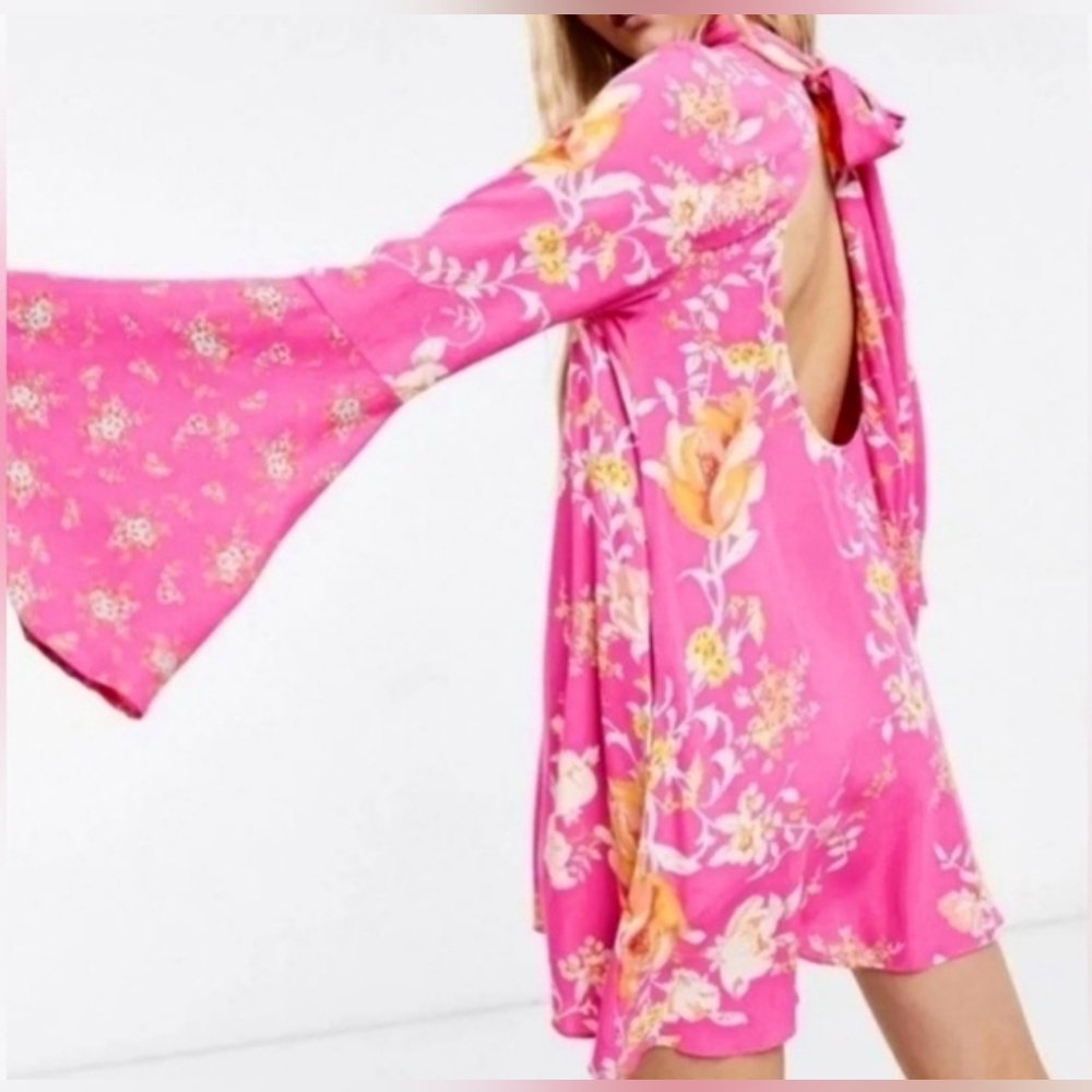 Free People Boho Pink Floral Open Back Bell Sleeve Tunic Mini Dress - Picture 4 of 10